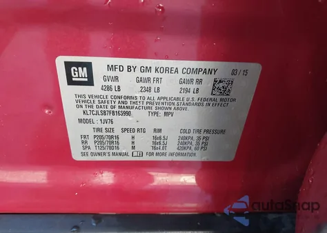 2015 Chevrolet Trax Lt from USA, damaged, VIN KL7CJLSB7FB166990